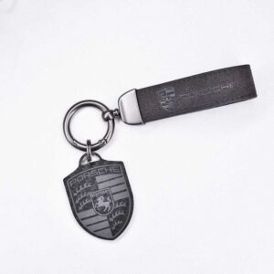 Porsche Logo Carbon Fiber Car Keychain with Suede Strap – Iconic Racing Heritage Key Pendant from the Vintage store collection.