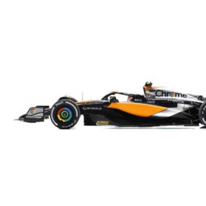 McLaren MCL60 #4 Lando Norris "Chrome" 2nd Place Formula One F1 "British GP" (2023) and Acrylic Display Case and Pit Board 1/18 Model Car by Spark from the Race Track Wall Art store collection.