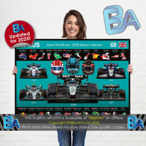 George Russell 2025 Mercedes Formula 1 Car. Very High Quality Illustration from the Sports Car Racing Art store collection.