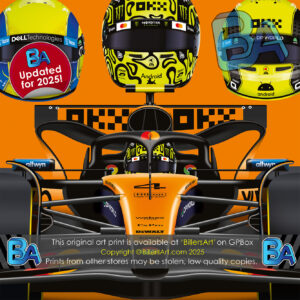 Lando Norris 2025 McLaren Formula 1 Car. Very High Quality Illustration from the Sports Car Racing Art store collection.