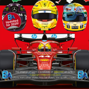 Lewis Hamilton 2025 Ferrari Formula 1 Car. Very High Quality Illustration from the Lewis Hamilton store collection.