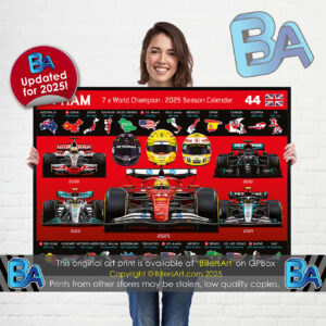 Lewis Hamilton 2025 Ferrari Formula 1 Car. Very High Quality Illustration from the Lewis Hamilton store collection.