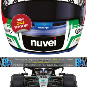 Andrea Kimi Antonelli's 2025 Helmet and Mercedes Racing Car. A Very High Quality Illustration from the F1 Helmets store collection.