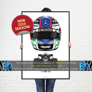 Andrea Kimi Antonelli's 2025 Helmet and Mercedes Racing Car. A Very High Quality Illustration from the F1 Helmets store collection.