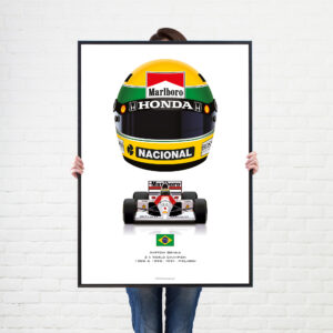 Ayrton Senna's iconic racing helmet and driving his McLaren F1 car in 1991 from the F1 Helmets store collection.