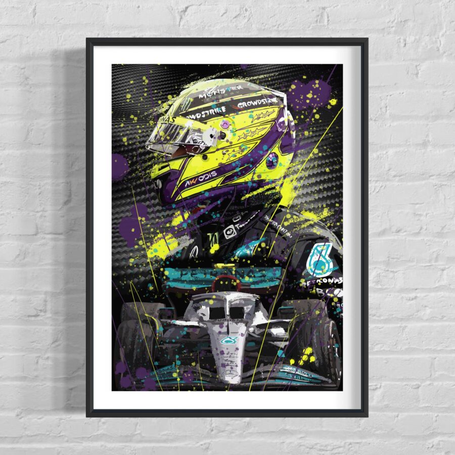 F1 Lewis Hamilton & car print, A3 Limited edition poster Formula one wall art from the F1 Helmets store collection.