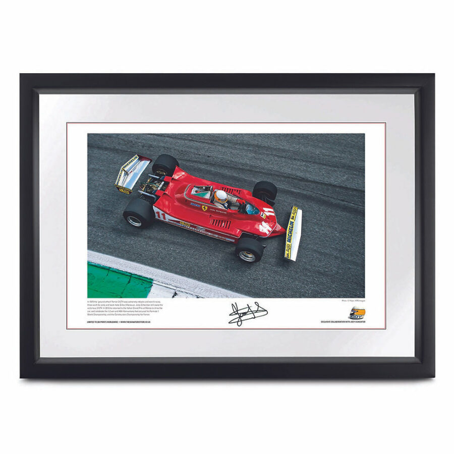 Jody Scheckter signed Ferrari 312T4 lithograph, Formula 1 World Champion from the Sports Car Racing Posters & Prints store collection.