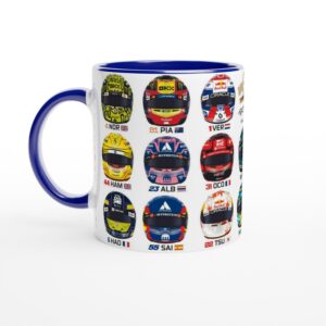 Formula 1 2025 All Driver Helmets Mug. All helmets featured from the Lewis Hamilton store collection.