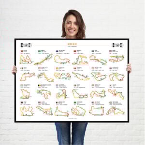 Formula 1 2023 Season Info Calendar Poster on White Landscape from the Race Car Wall Art store collection.