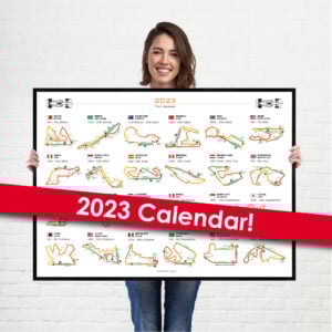 Formula 1 2023 Season Info Calendar Poster on White Landscape from the Race Car Wall Art store collection.