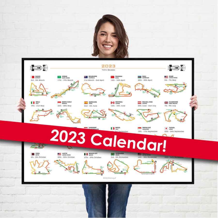 Formula 1 2023 Season Info Calendar Poster on White Landscape from the Race Car Wall Art store collection.