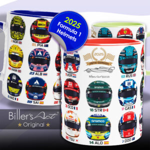 Formula 1 2025 All Driver Helmets Mug. All helmets featured from the Lewis Hamilton store collection.