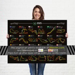 Formula 1 2025 Season Info Calendar Poster on Black Landscape from the GPBox store.
