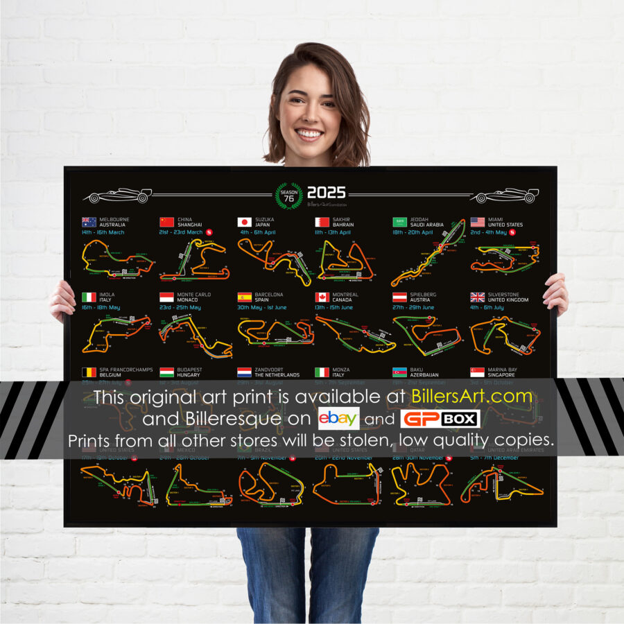 Formula 1 2025 Season Info Calendar Poster on Black Landscape from the Race Track Wall Art store collection.