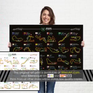 Formula 1 2025 Season Info Calendar Poster on Black Landscape from the GPBox store.