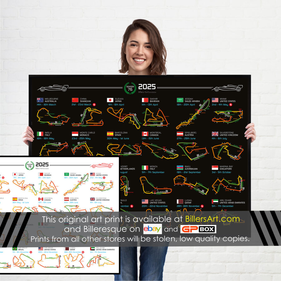 Formula 1 2025 Season Info Calendar Poster on Black Landscape from the Race Track Wall Art store collection.