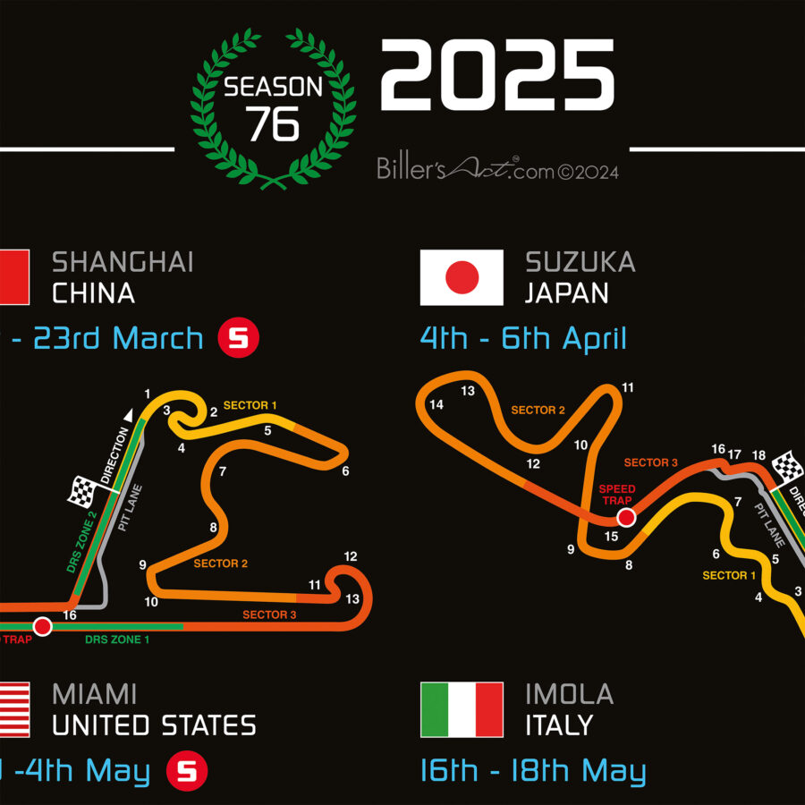 Formula 1 2025 Season Info Calendar Poster on Black from the Race Car Wall Art store collection.
