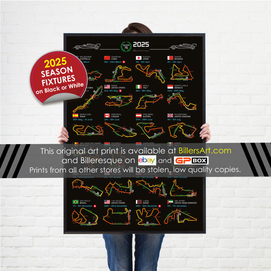 Formula 1 2025 Season Info Calendar Poster on Black from the Race Car Wall Art store collection.