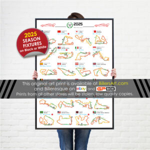 Formula 1 2025 Season Info Calendar Poster on White from the Race Car Wall Art store collection.