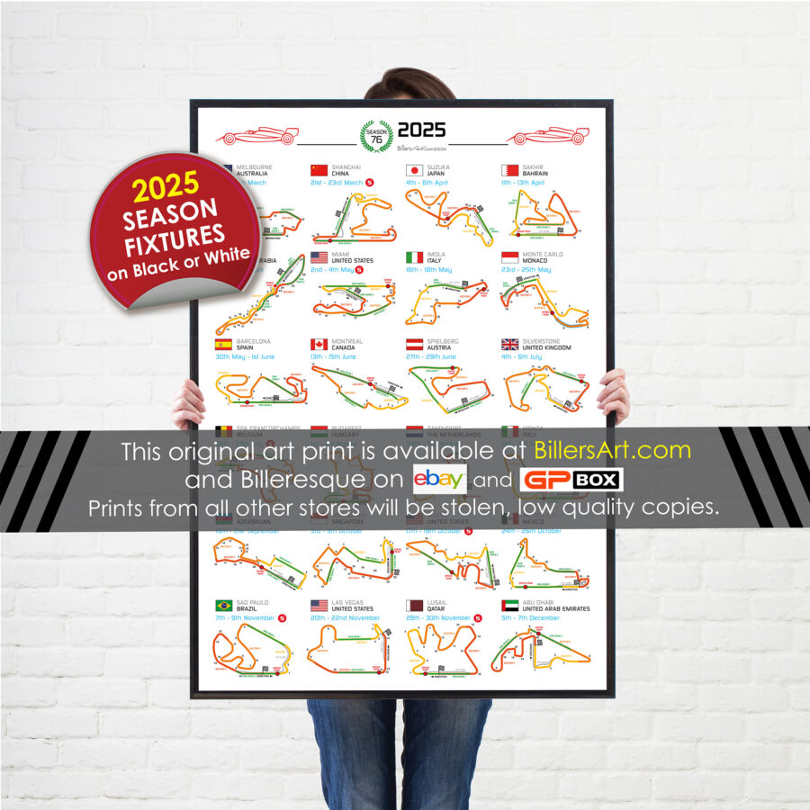 Formula 1 2025 Season Info Calendar Poster on White from the Red Bull Racing store collection.
