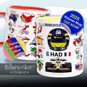 Isack Hadjar's 2025 Formula 1 Helmet and Car High Quality Calendar Mug from the Formula 1 Memorabilia store collection.