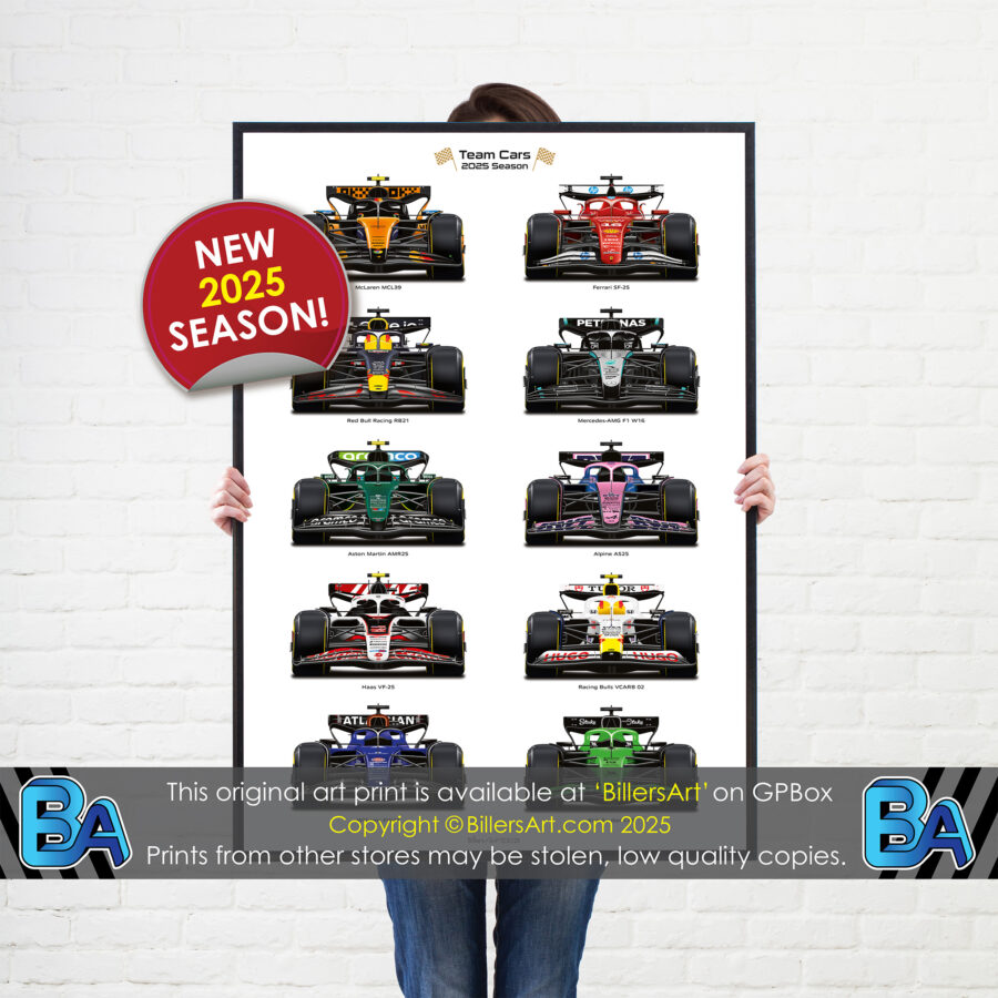 Formula 1 2025 Season Team Cars wall art poster print from the Max Verstappen store collection.