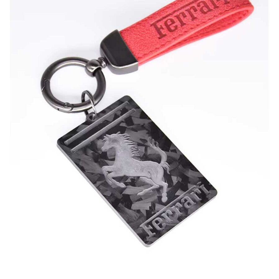 Red Suede Ferrari-Inspired Keychain with Snowflake Carbon Fiber Logo Pendant – 130mm x 25mm Strap, 74.5mm x 48.5mm Pendant from the Vintage store collection.