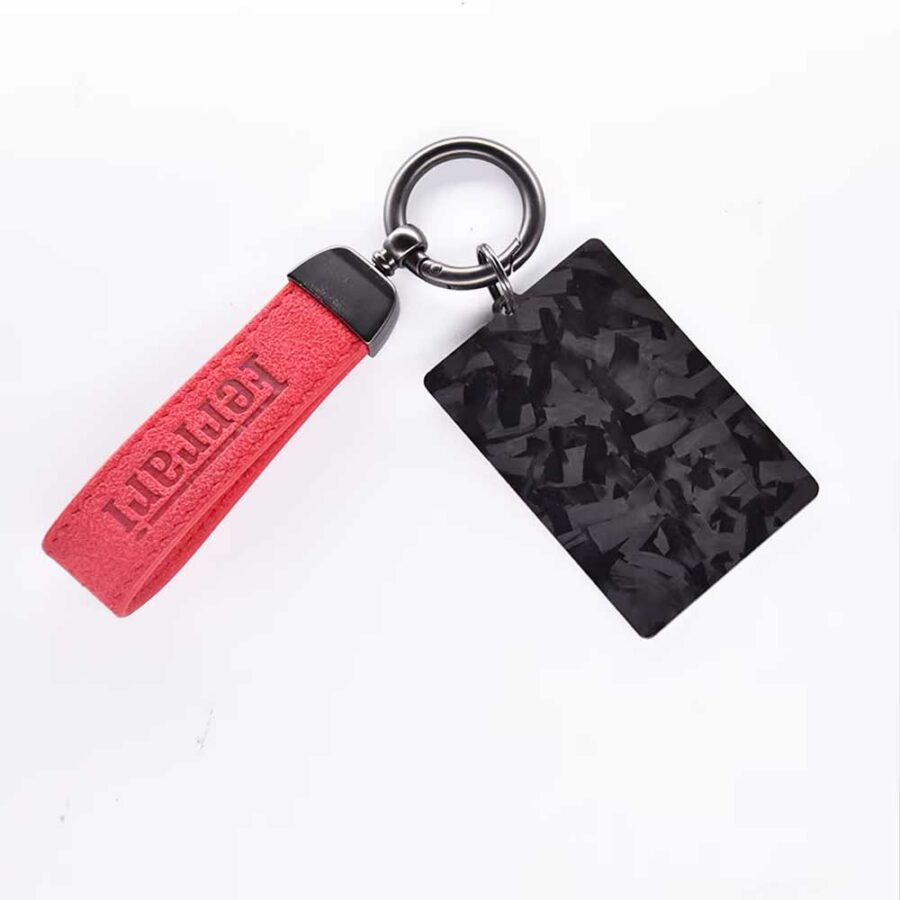 Red Suede Ferrari-Inspired Keychain with Snowflake Carbon Fiber Logo Pendant – 130mm x 25mm Strap, 74.5mm x 48.5mm Pendant from the Vintage store collection.