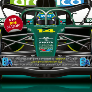 Fernando Alonso's 2025 Aston Martin Racing Car. A Very High Quality Illustration from the Automotive store collection.