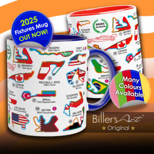 2025 Formula 1 Calendar Mugs - Circuit Layouts with Country Flags - All F1 Races Red Bull Racing by Billeresque