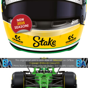Gabriel Bortoleto's 2025 Helmet and Kick Sauber Racing Car. A Very High Quality Illustration from the Sports Car Racing Posters & Prints store collection.