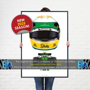 Gabriel Bortoleto's 2025 Helmet and Kick Sauber Racing Car. A Very High Quality Illustration from the Sports Car Racing Posters & Prints store collection.
