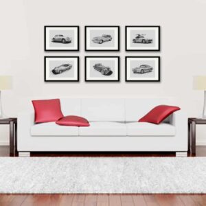 Set of six framed Limited Edition prints of iconic 'Classic Cars of the 60's' faithfully reproduced from pencil drawings by Tony Regan Vintage by TR Motorsport Art