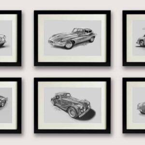 Set of six framed Limited Edition prints of iconic 'Classic Cars of the 60's' faithfully reproduced from pencil drawings by Tony Regan Vintage by TR Motorsport Art