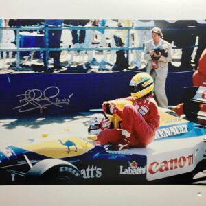 Nigel Mansell signed 'taxi for Senna' photograph (pits), 1991 British Fromula 1 Grand Prix Ayrton Senna by The Signature Store