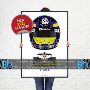 Isack Hadjar's 2025 Helmet and Racing Bulls Racing Car. A Very High Quality Illustration from the Sports Car Racing Posters & Prints store collection.