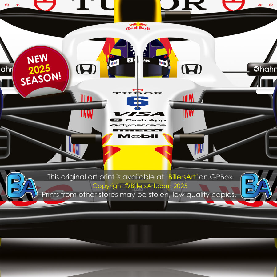 Isack Hadjar's 2025 Racing Bulls Racing Car. A Very High Quality Illustration from the Sports Car Racing Posters & Prints store collection.