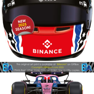 Jack Doohan's 2025 Helmet and Alpine Racing Car. A Very High Quality Illustration from the Sports Car Racing Posters & Prints store collection.