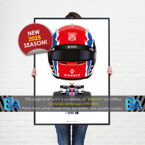 Jack Doohan's 2025 Helmet and Alpine Racing Car. A Very High Quality Illustration from the Sports Car Racing Posters & Prints store collection.