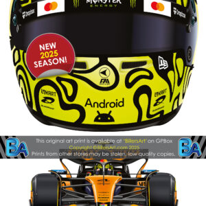 Lando Norris's 2025 Helmet and McLaren Racing Car. A Very High Quality Illustration from the F1 Helmets store collection.