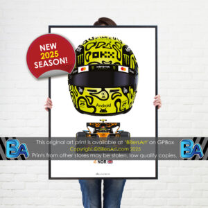 Lando Norris's 2025 Helmet and McLaren Racing Car. A Very High Quality Illustration from the F1 Helmets store collection.