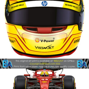 Lewis Hamilton's 2025 Helmet and Ferrari Racing Car. A Very High Quality Illustration from the Lewis Hamilton store collection.