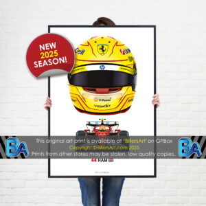 Lewis Hamilton's 2025 Helmet and Ferrari Racing Car. A Very High Quality Illustration from the Lewis Hamilton store collection.