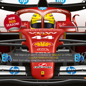 Lewis Hamilton's 2025 Ferrari Racing Car. A Very High Quality Illustration from the Lewis Hamilton store collection.