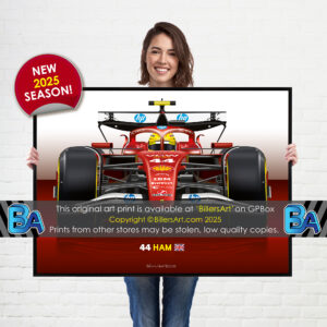 Lewis Hamilton's 2025 Ferrari Racing Car. A Very High Quality Illustration from the Lewis Hamilton store collection.