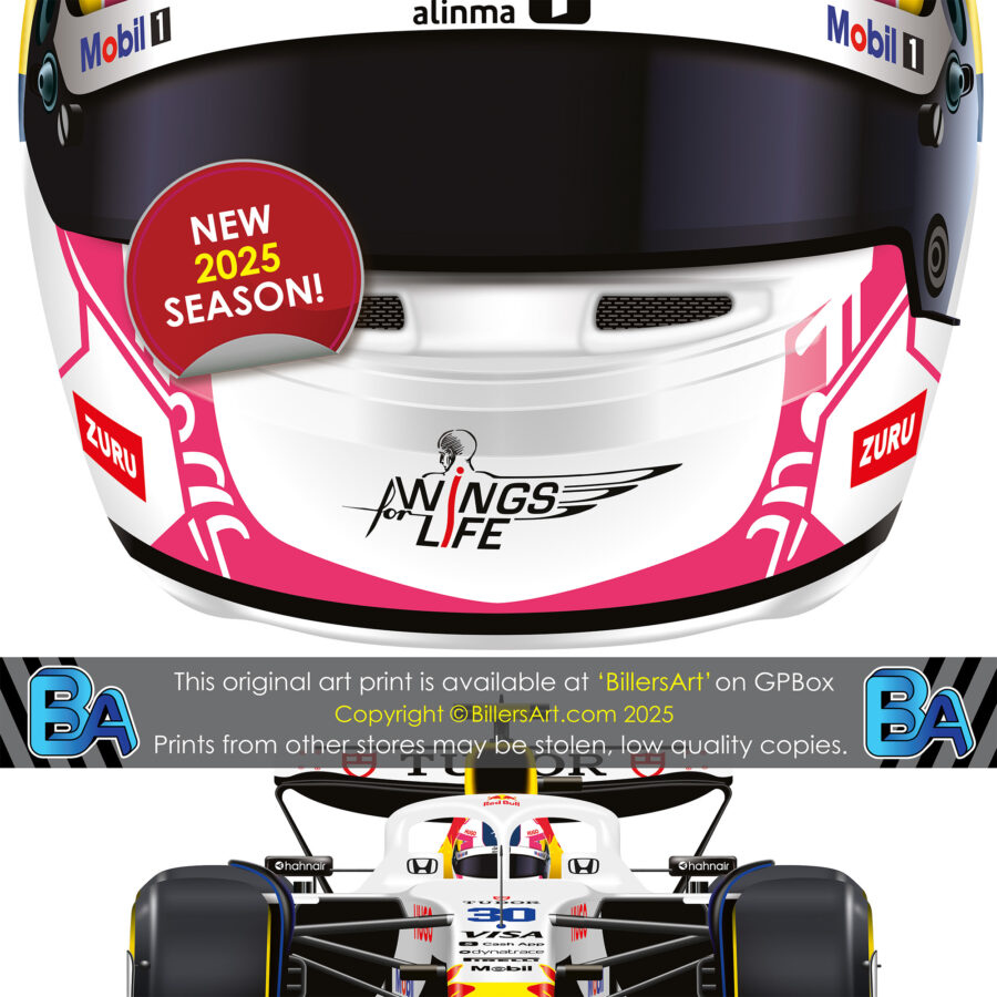 Liam Lawson's 2025 Helmet and Racing Bulls Racing Car. A Very High Quality Illustration from the Sports Car Racing Posters & Prints store collection.