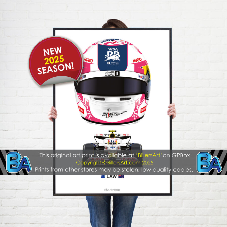 Liam Lawson's 2025 Helmet and Racing Bulls Racing Car. A Very High Quality Illustration from the Sports Car Racing Posters & Prints store collection.