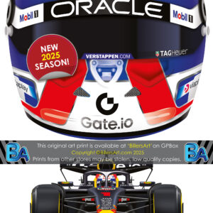 Max Verstappen's 2025 Helmet and Red Bull Racing Car. A Very High Quality Illustration from the Max Verstappen store collection.