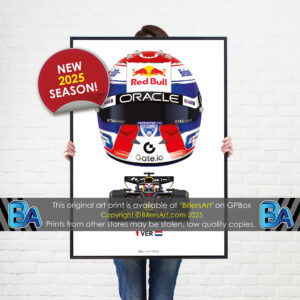 Max Verstappen's 2025 Helmet and Red Bull Racing Car. A Very High Quality Illustration from the Max Verstappen store collection.