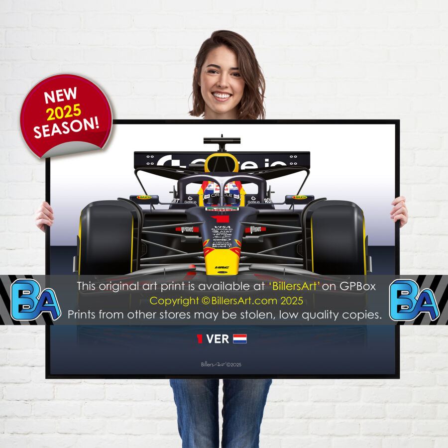 Max Verstappen's 2025 Red Bull Racing Car. A Very High Quality Illustration from the Max Verstappen store collection.